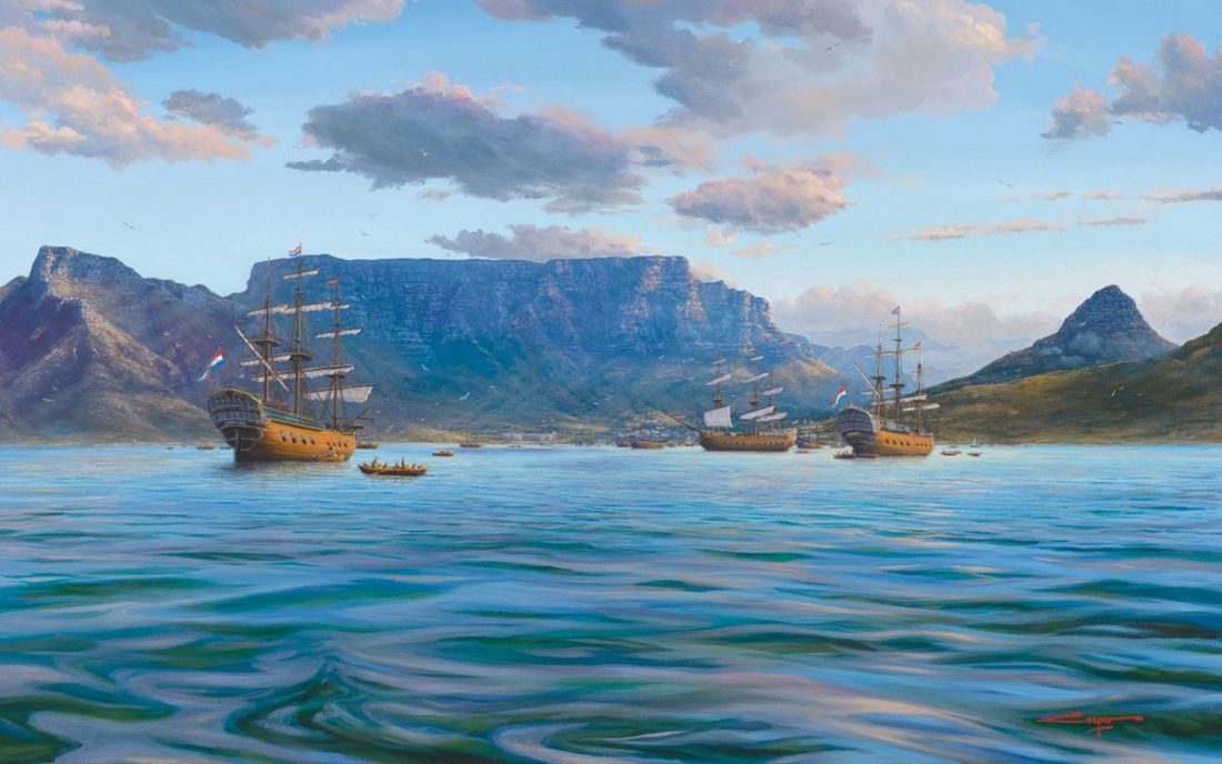 Vintage Cape Dutch ships mooring in Table Bay